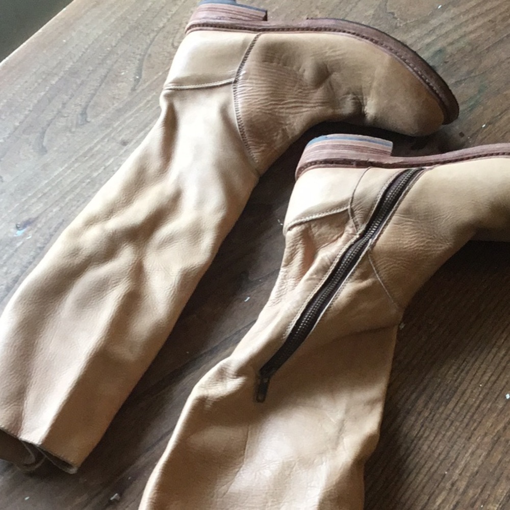 Bed Stu boots, knee high, tan, laces on back, zip closure
